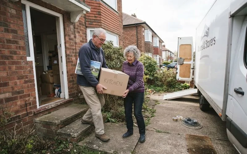 An older couple looking through moving boxes together in a bright living room