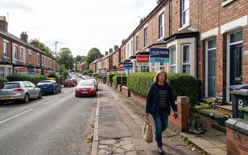 A row of "For Sale" and "Sold" boards outside houses on a residential Birmingham street