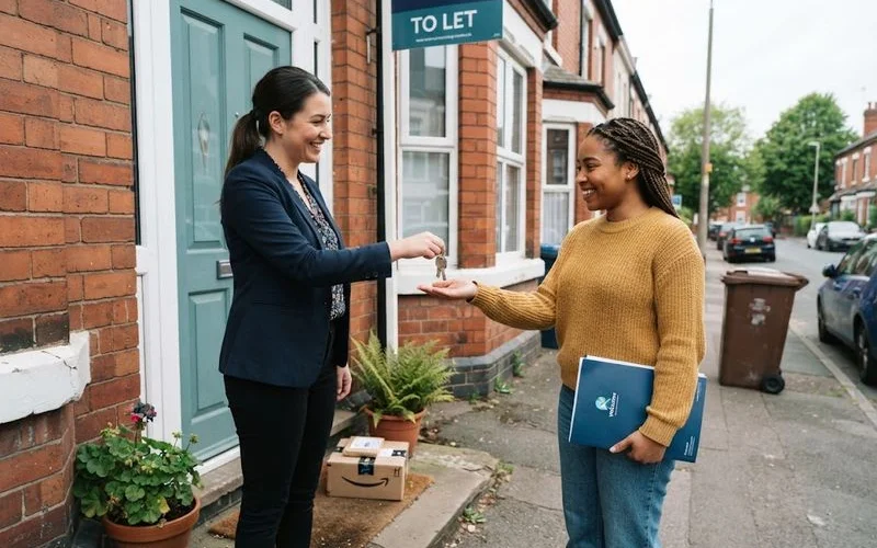 A landlord handing over keys to a new tenant outside a rental property in Birmingham