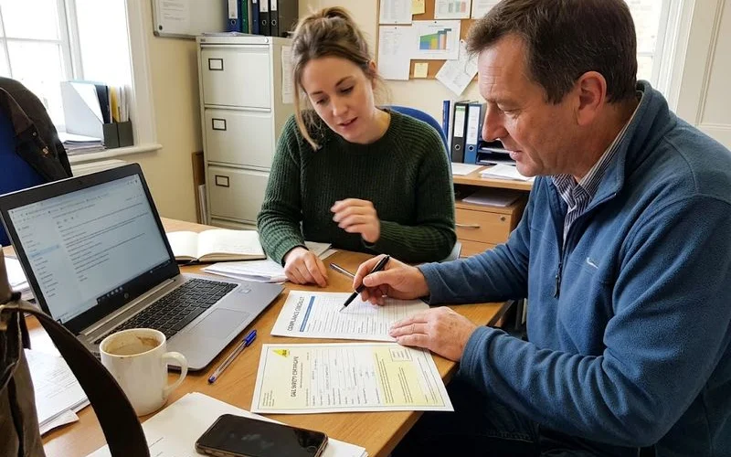A landlord and letting agent reviewing a tenancy checklist together in a rental property