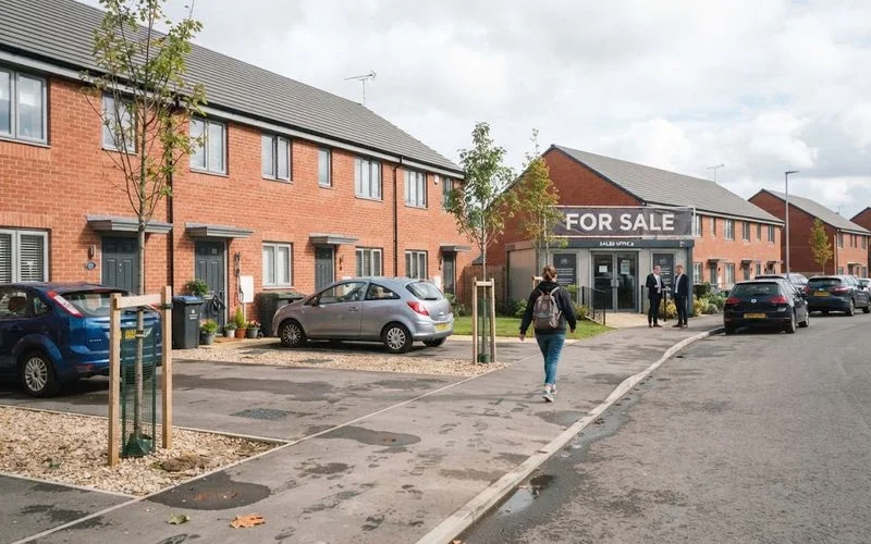 A row of newly built houses on a modern development in Birmingham with show home flags