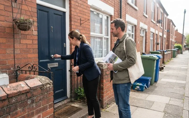 A buy-to-let investor viewing a rental property with an estate agent in Birmingham
